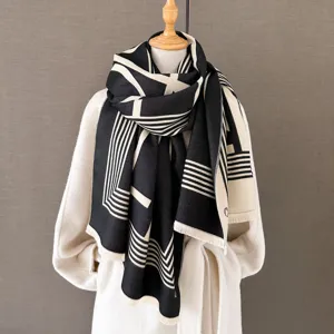 Schwarz weiß geometrischer Kaschmirgefühl dicker Damen Schal für Winter warmer Mantel