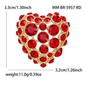 Broche coeur en cristal rouge alliage mode strass bijoux pin's cadeau idéal 3.3x3.2cm