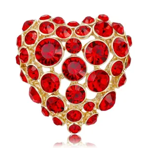 Broche Coeur en Alliage Strass Rouge Élégante pour Femmes Cadeau de Saint Valentin Accessoires Bijoux de Mode Plaqué Or