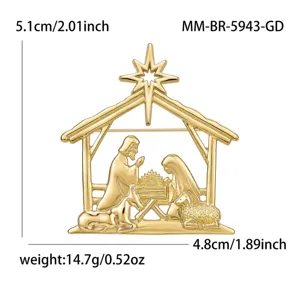 Detailed view of gold Christmas nativity brooch, elegant metal craft, exquisite detail.