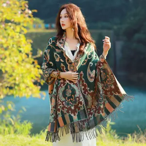 Ethonischer Stil Damen Winter warmer dicker Schal, Vintage Paisley Fransen Cape Detail.