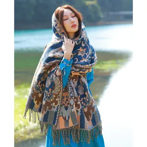 Damen ethnischer stil quaste warme dicke schal stola, elegante vintage blumen design für reisen.