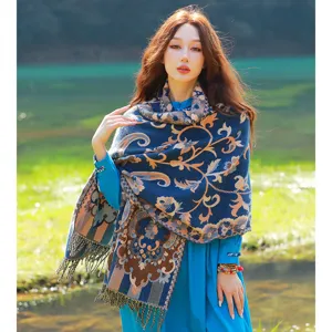 Ethischer Stil Damen Winterschal, vintage bedrucktes Quasten Design, warme Oberbekleidung.