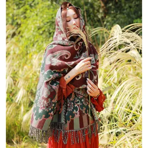 Ethno Stil Damen Umhang Schal Winter warm Quasten retro Blumen Tuch Outdoor Detail