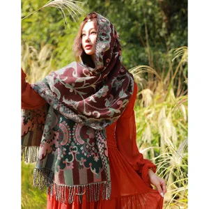 Etnischer Boho Winter warmer dicker Schal für Damen, Vintagemuster Quasten Design Outdoor Reise.