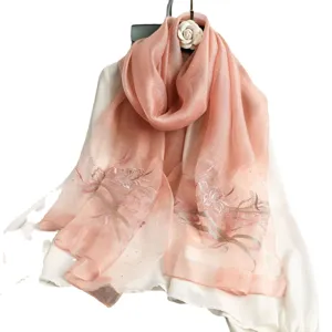Elegant mulberry silk embroidered scarf for women, featuring delicate floral rhinestones.