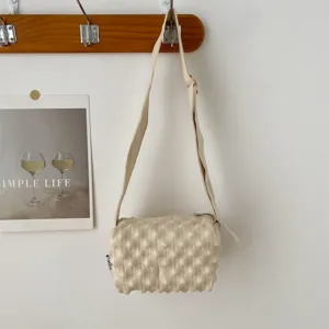 Beige knit bubble crossbody bag casual daily shoulder handbag with adjustable strap.