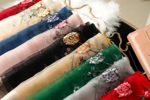 Handcrafted beaded floral embroidered silk scarf, elegant mulberry silk shawl for women.