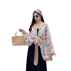 Women Floral Sun Protection Shirt Set Summer Lightweight Cardigan with Headband and Bag
