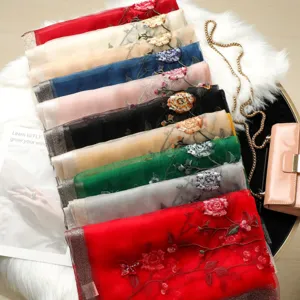 Handmade beaded embroidered silk scarf elegant floral wrap for women luxury fashion accessory