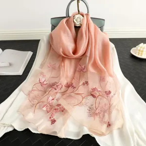 Women's Silk Wool Blend Scarf Elegant Lotus Embroidered Ethnic Style Long Shawl Sun Protection Fashion Wrap
