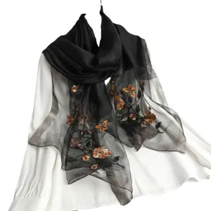 Elegant black silk embroidered floral scarf shawl draped beautifully for women spring autumn.
