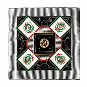 Lujoso pañuelo de seda con diseño de cadenas náuticas, elegante bufanda a rayas blanco y negro.
