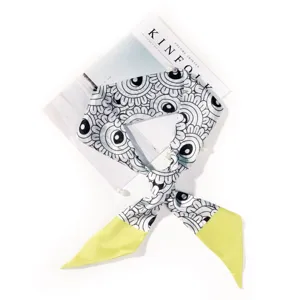 Black and white abstract pattern skinny scarf with yellow ends, versatile hair ribbon accessory.