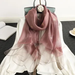 Elegant mulberry silk wool scarf with gold grid pattern, stylish dusty pink women shawl.