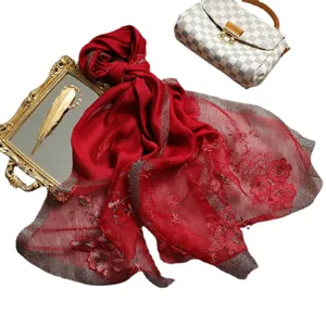 Red silk wool embroidered scarf, elegant floral shawl for women, luxury fashion neck wrap.