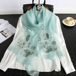 Women Silk Scarf Floral Embroidered Long Scarves Vintage Chinese Style Lightweight Sun Protection Warm Shawl Wrap For Ladies