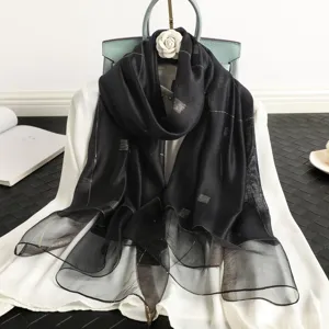 Elegant black silk wool scarf with metallic gold geometric pattern for women stylish shawl