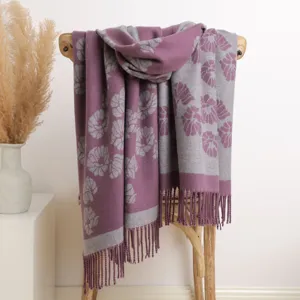 Floral reversible knitted scarf winter warm shawl fringe fashion elegant casual accessory