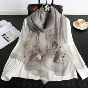 Grey embroidered silk scarf for women, elegant long mulberry silk scarf for spring autumn.