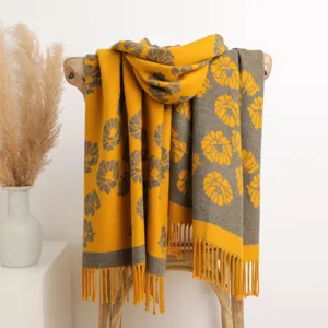 Thick warm reversible floral scarf winter knit shawl with fringe for women fashion
