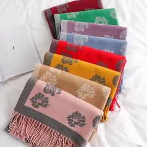 Detailed view of multi-color floral jacquard scarves with fringe trim, cozy winter texture.