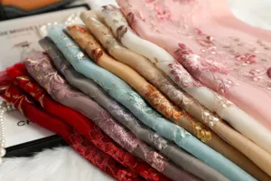 Detailed close-up view of stacked silk embroidered scarves in various elegant colors.
