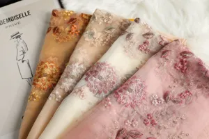 Women silk scarf with elegant floral embroidery, soft luxury long wrap for spring and autumn.
