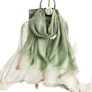 Spring autumn green mulberry silk wool plaid scarf women fashion shawl elegant wrap