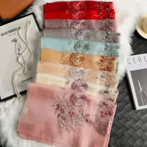 Elegant women's silk embroidered long scarf, luxury floral shawl for all seasons.