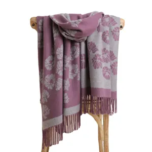 Thickened double-sided knit scarf with floral pattern and fringe, elegant warm shawl for women.