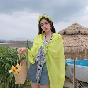 Women's lemon yellow lightweight sun protection shawl scarf set fashion sweet style outfit.