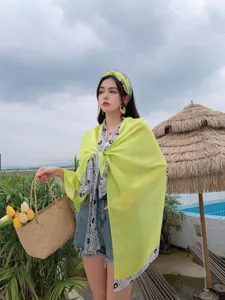 Lemon yellow lightweight oversized sun protection shawl scarf set with trendy print details.