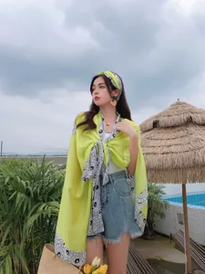 Lemon yellow printed silk scarf shawl set for women, thin large sun protection accessory.