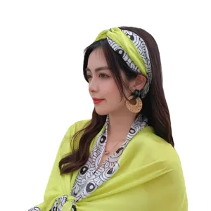 Lemon yellow women sun protection clothing set with printed scarf and headband, sweet style.