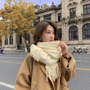 Gemütlicher, einfarbiger Fransenschal mit Kaschmir-Gefühl, langer warmer Winterschal in Beige.