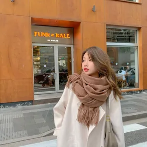 Detailaufnahme des warmen braunen Fransen-Schals in einem stilvollen Straßen-Modestil.