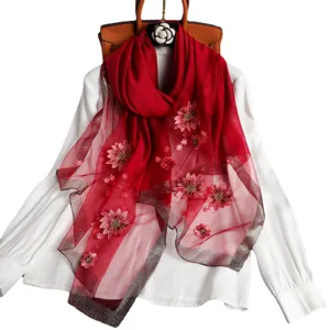 Elegant red embroidered silk wool scarf shawl with floral design for women fashion winter.