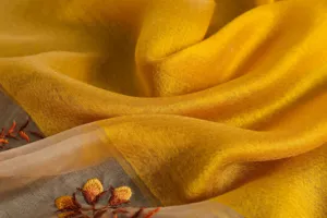 Luxurious silk embroidered scarf detail showcasing delicate floral patterns and rich yellow texture.