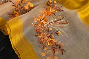 Detail view of luxury silk embroidered scarf, exquisite floral 3D embroidery and sequins decoration.