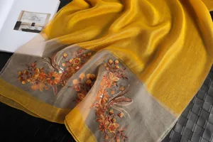 Silk embroidered scarf detail featuring vibrant floral patterns and fine shimmering sequins.