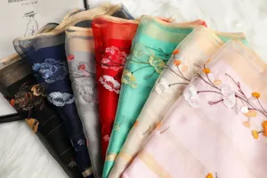 Close-up detail of luxurious silk wool embroidered scarves featuring vibrant floral patterns.
