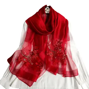 Red silk embroidered scarf for women, elegant floral sheer wrap shawl for daily wear.
