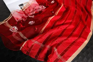 Red silk wool embroidered scarf with delicate floral patterns and gold stripes for women.