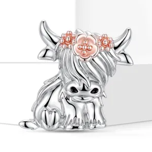 Cute highland cow brooch silver metal animal lapel pin with delicate rose gold flower for coat