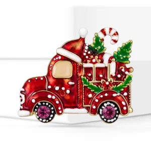 Exquisite Christmas car brooch with sparkling rhinestones and vibrant enamel design.
