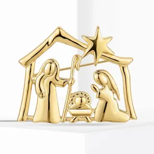 Exquisite gold-plated nativity scene brooch featuring baby Jesus, holy family, and star.