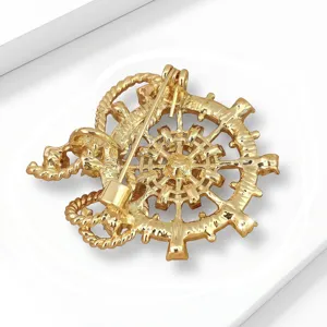 Exquisite gold-tone alloy anchor ship wheel brooch back detail, elegant fashion jewelry pin.