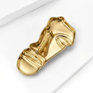 Gedetailleerde close-up van de gouden roestvrijstalen abstracte half gezicht masker broche pin.