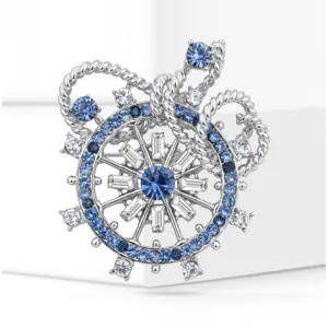 Elegant crystal ship wheel brooch, silver-tone alloy nautical pin for women daily.